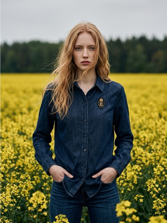 Lauren Ralph Lauren Tops - LAUREN RALPH LAUREN DENIM & PLAID CREST INSIGNIA MONOGRAM SHIRT SZ L